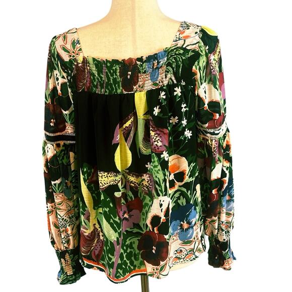 Anthropologie Lil Sire Puff Sleeved Smocked Floral Sheer Blouse Black Small - Picture 8 of 9